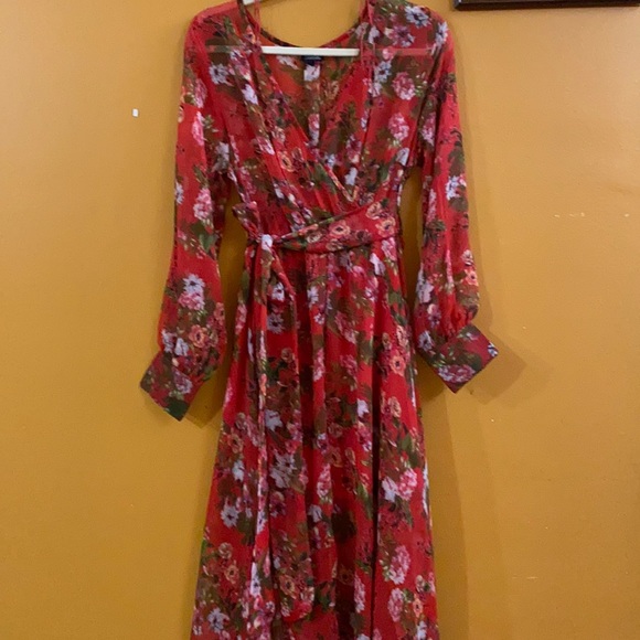 Dresses & Skirts - Red Sheer Floral Maxi Dress/long sleeve - Medium- Lightweight
